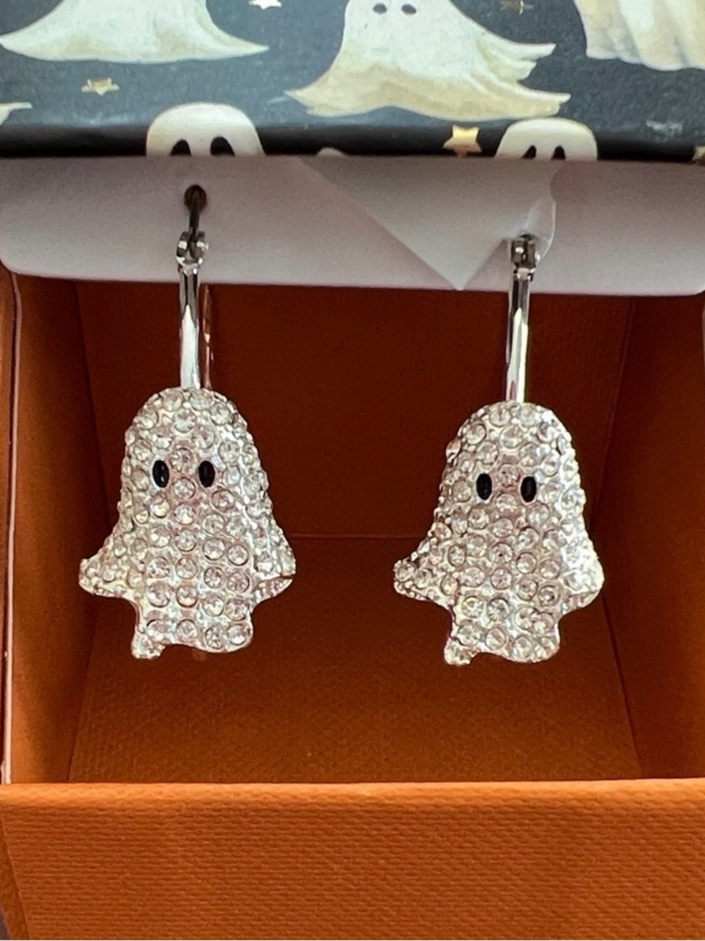 True to Form Pave Crystal Ghost Dangle Hoop Earrings in Silver Tone - Picture 2 of 6